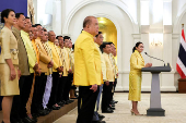 Thailand's Prime Minister Paetongtarn Shinawatra and her cabinet members attend a press conference in Bangkok