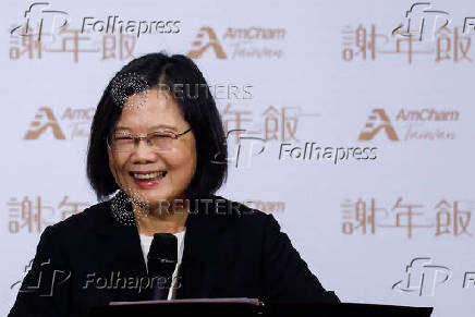 Taiwanese President Tsai Ing-wen speaks at an American Chamber of Commerce event in Taipei