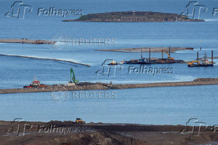 The construction of Lynetteholmen, a planned artificial peninsula, is seen from Copenhill in Copenhagen