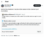 FILE PHOTO: A screengrab shows a post on X from Elon Musk regarding an Australian bill to regulate social media