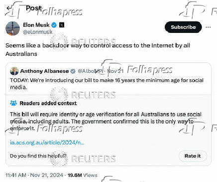 FILE PHOTO: A screengrab shows a post on X from Elon Musk regarding an Australian bill to regulate social media