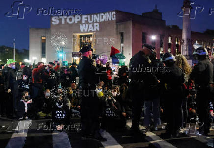 Protesters demonstrate demanding U.S. government to stop arming Israel, in the Brooklyn borough of New York City