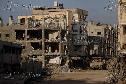 Damaged buildings are pictured in southern Gaza Strip