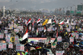 Protesters show support to Lebanon?s Hezbollah and Palestinians in the Gaza Strip, in Sanaa