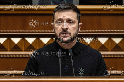 FILE PHOTO: Ukraine's President Zelenskiy addresses lawmakers during a parliament session in Kyiv