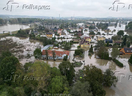 A drone view shows the flood-affected area in Ostrava