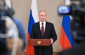 Russian President Putin attends a press conference in Astana