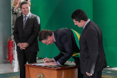  O vice-presidente Hamilton Mouro, o presidente Jair Boslsonaro e o ministro da Justia Sergio Moro