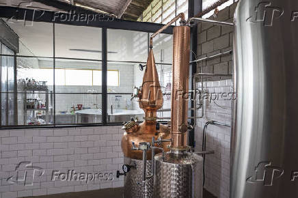 Alambique de cobre da destilaria Draco, que fica em Engenheiro Coelho (SP)