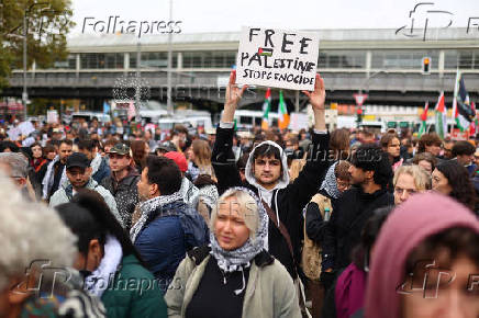 Protesters attend a demonstration in support of Palestinians, in Berlin