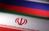 Illustration shows Iranian and Russian flags