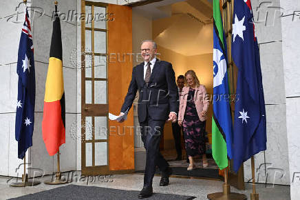 Australian Prime Minister Anthony Albanese arrives to speak to the media during a press conference at Parliament House in Canberra