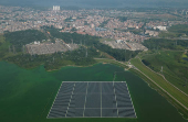 FILE PHOTO: Brazil?s biggest floating solar plant is seen in drone shot at the Billings dam developed by Empresa Metropolitana de Aguas e Energia in Sao Paulo