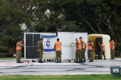 Soldiers prepare a helipad, ahead of the expected arrival of released Israeli hostages, who have been held in Gaza since the deadly October 7, 2023 attack by Hamas, in Petah Tikva