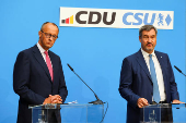 Bavarian State Prime Minister Soeder of the CSU and CDU leader Friedrich Merz hold a press conference, in Berlin