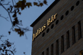 A logo is pictured on Swiss private bank Julius Baer building in Geneva