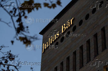 A logo is pictured on Swiss private bank Julius Baer building in Geneva