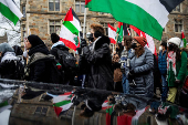 Protest in front of the residence of the University of Michigan's president, in Ann Arbor