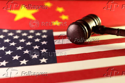 FILE PHOTO: Illustration shows U.S. and Chinese flags and gavel