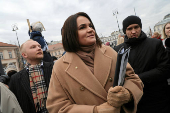 Belarus' exiled opposition leader SviatlanaTsikhanouskaya takes part in the March of the Belarusians, in Warsaw