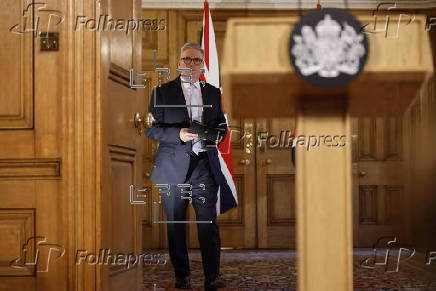 British Prime Minister Starmer holds press conference on migration in London