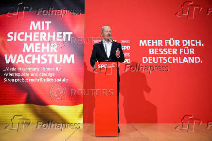 German Chancellor Olaf Scholz speaks to the media in a press statement, ahead of the annual kick-off meeting of the Social Democratic Party of Germany (SPD), in Berlin