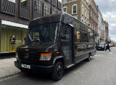 A Mercedes electric UPS delivery truck is seen in London's Mayfair shopping district