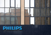 FILE PHOTO: The logo of Philips is seen at the company's entrance in Brussels