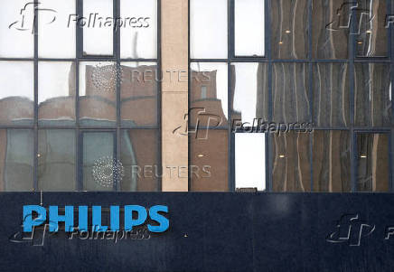 FILE PHOTO: The logo of Philips is seen at the company's entrance in Brussels