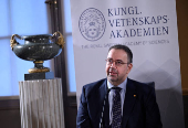 Daron Acemoglu, Nobel laureate in economics, The Sveriges Riksbank Prize in Economic Sciences in Memory of Alfred Nobel 2024, looks on during a press conference, in Stockholm