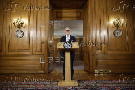 British Prime Minister Starmer holds press conference on migration in London