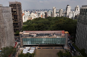 A drone view shows the Sao Paulo Museum of Art (MASP) painted grey during restoration in Sao Paulo