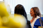 Democratic presidential nominee and U.S. Vice President Kamala Harris visits Dottie's Market in Savannah