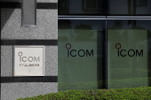 The logo of Japanese radio equipment maker Icom Inc is displayed at its headquarters in Osaka