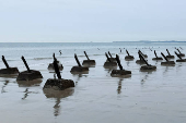 Anti-landing barricades are pictured on a beach in Kinmen Island
