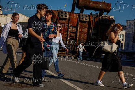 Installation with a power transformer, damaged by a Russian military strike, is seen in the city center in Kyiv