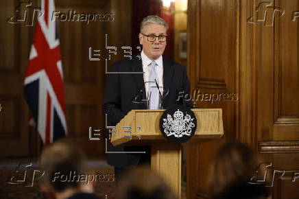 British Prime Minister Starmer holds press conference on migration in London