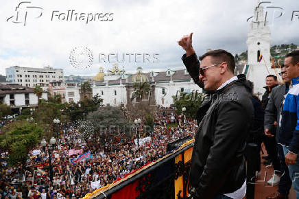 Ecuador's President Daniel Noboa greets supporters of his government, at the Government Palace in Quito