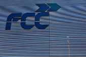 The logo of Spanish building and services group FCC is seen at their offices in Madrid