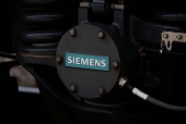 FILE PHOTO: Siemens logo is shown on a new Siemens Charger locomotive in California