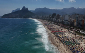 A drone view shows people enjoying the Ipanema beach during a heatwave in Rio de Janeiro