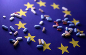 Illustration shows Euro flag and medicines