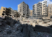 A view shows the damage at the site of the Israeli air strike that killed Lebanon's Hezbollah leader Sayyed Hassan Nasrallah in Beirut's southern suburbs