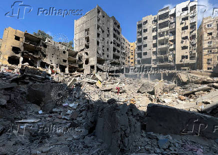 A view shows the damage at the site of the Israeli air strike that killed Lebanon's Hezbollah leader Sayyed Hassan Nasrallah in Beirut's southern suburbs