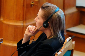 Greenlandic politician Aki-Matilda Hoeegh-Dam speaks in her native language, Greenlandic, as the Danish Parliament, for the first time, allows simultaneous interpretation during debates, in Copenhagen