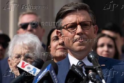 Speaker of the U.S. House of Representatives Mike Johnson attends a news conference at Columbia University in response to Demonstrators protesting in support of Palestinians in New York