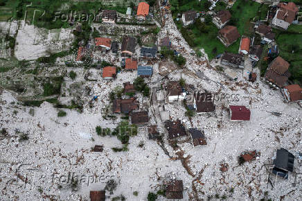 A drone view shows a flooded residential area in Donja Jablanica