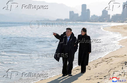 North Korean leader Kim Jong Un and his daughter Kim Ju Ae visit the newly built Kalma coastal tourist area in Wonsan