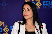Ecuador's presidential candidate Luisa Gonzalez of the Revolucion Ciudadana party, addresses the media on the day of a televised presidential debate, in Quito