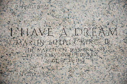 A view of the engraving on Lincoln Memorial steps where Martin Luther King Jr delivered his 